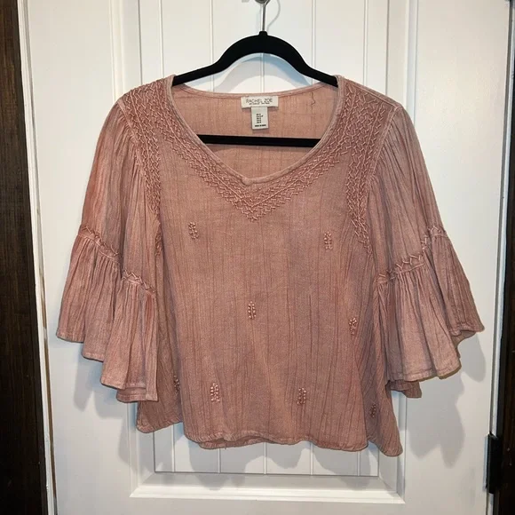 Rachel Zoe Rose-Pink Embroidered V-Neck Peasant Blouse - Picture 1 of 4